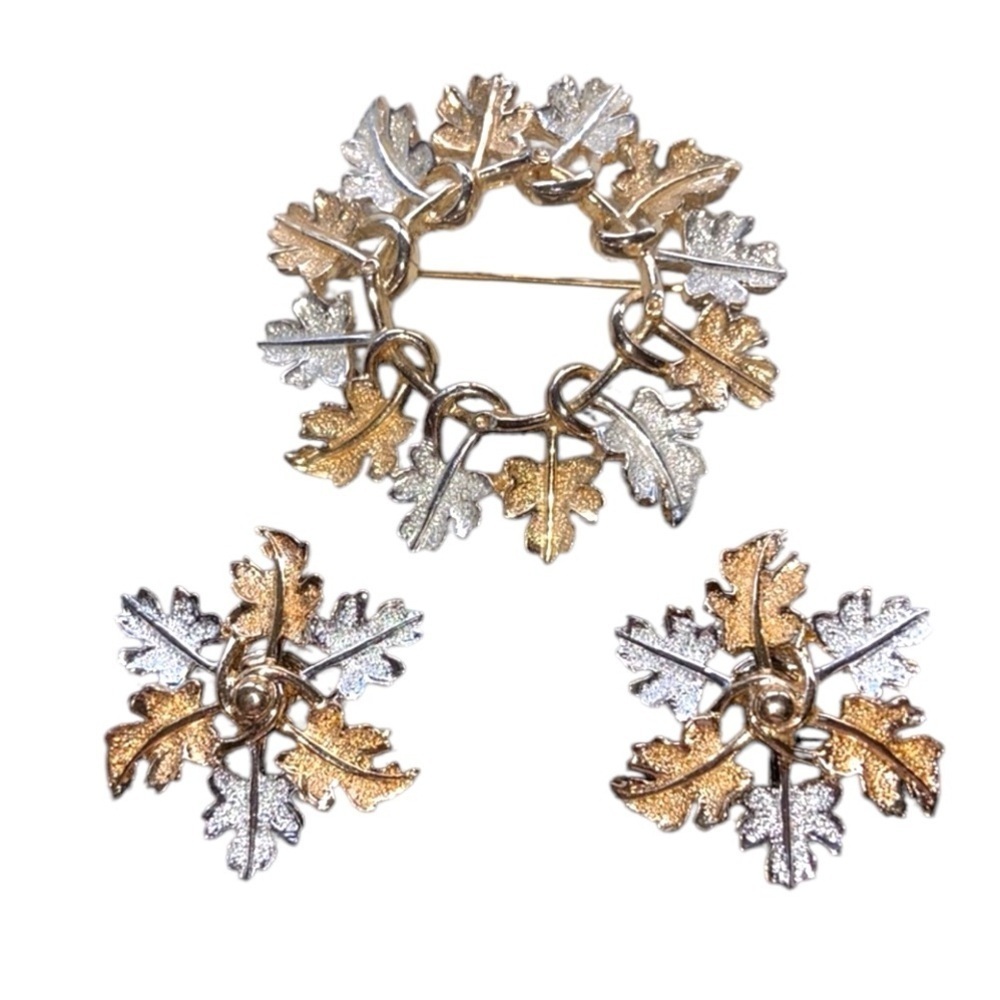 Vintage 1968 Sarah Coventry “Garland” Leaf Signed Mixed Metal Earrings & Brooch